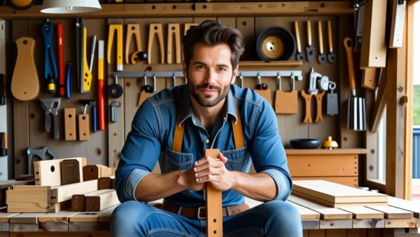Un hombre pensativo mide madera en taller