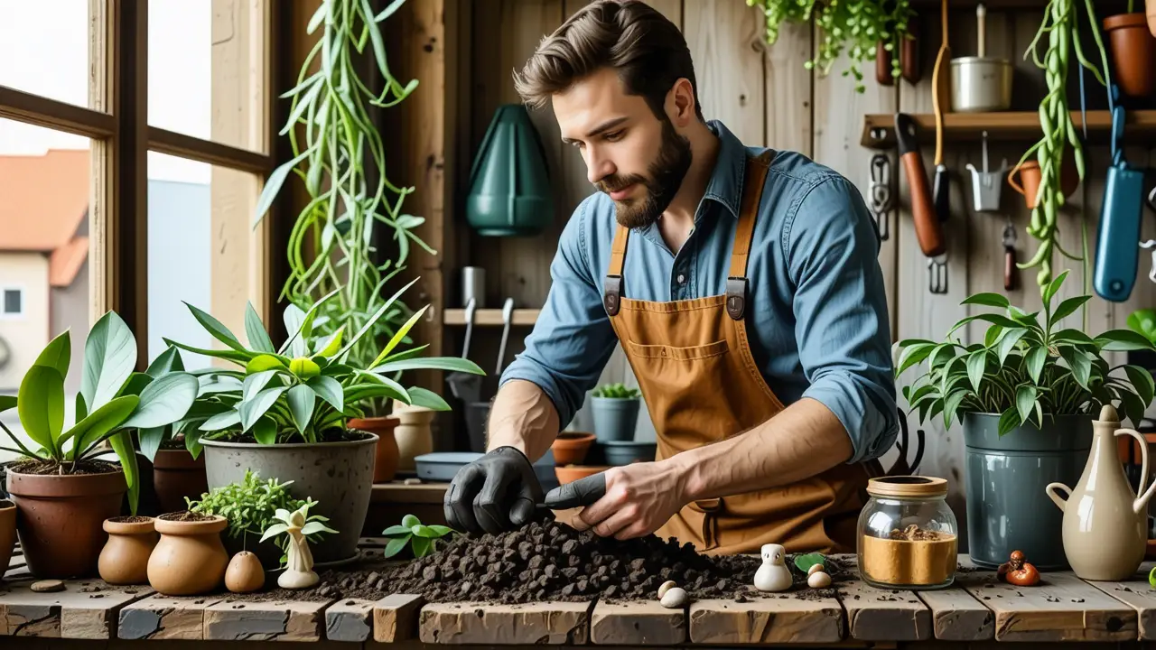 Cómo hacer terrarios caseros: guía completa 2 Un hombre contempla un terrario tranquilo