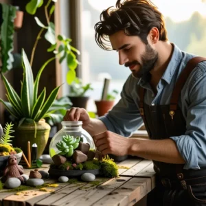 Un hombre amable planta en terrario