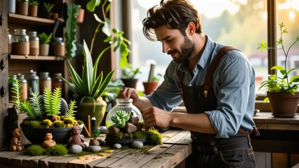 Un hombre amable planta en terrario