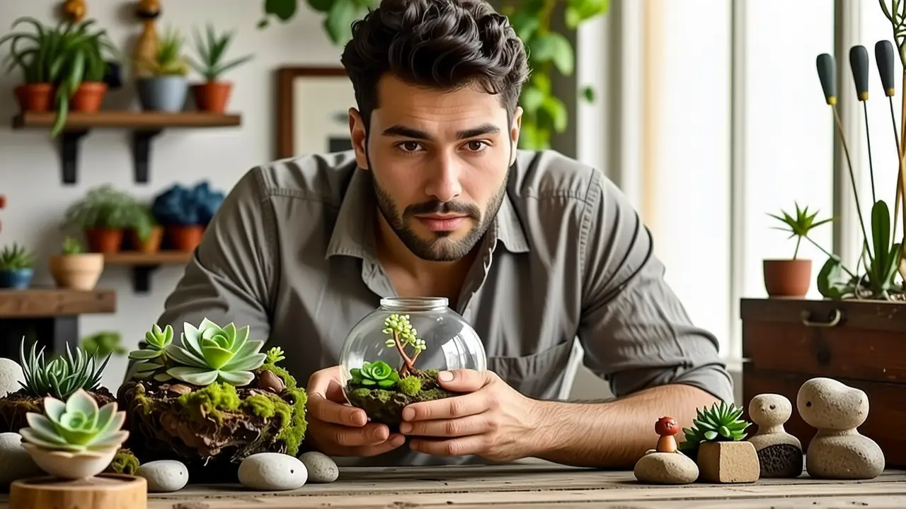 Cómo hacer terrarios caseros: guía completa 4 Un hombre examina un terrario en un taller tranquilo