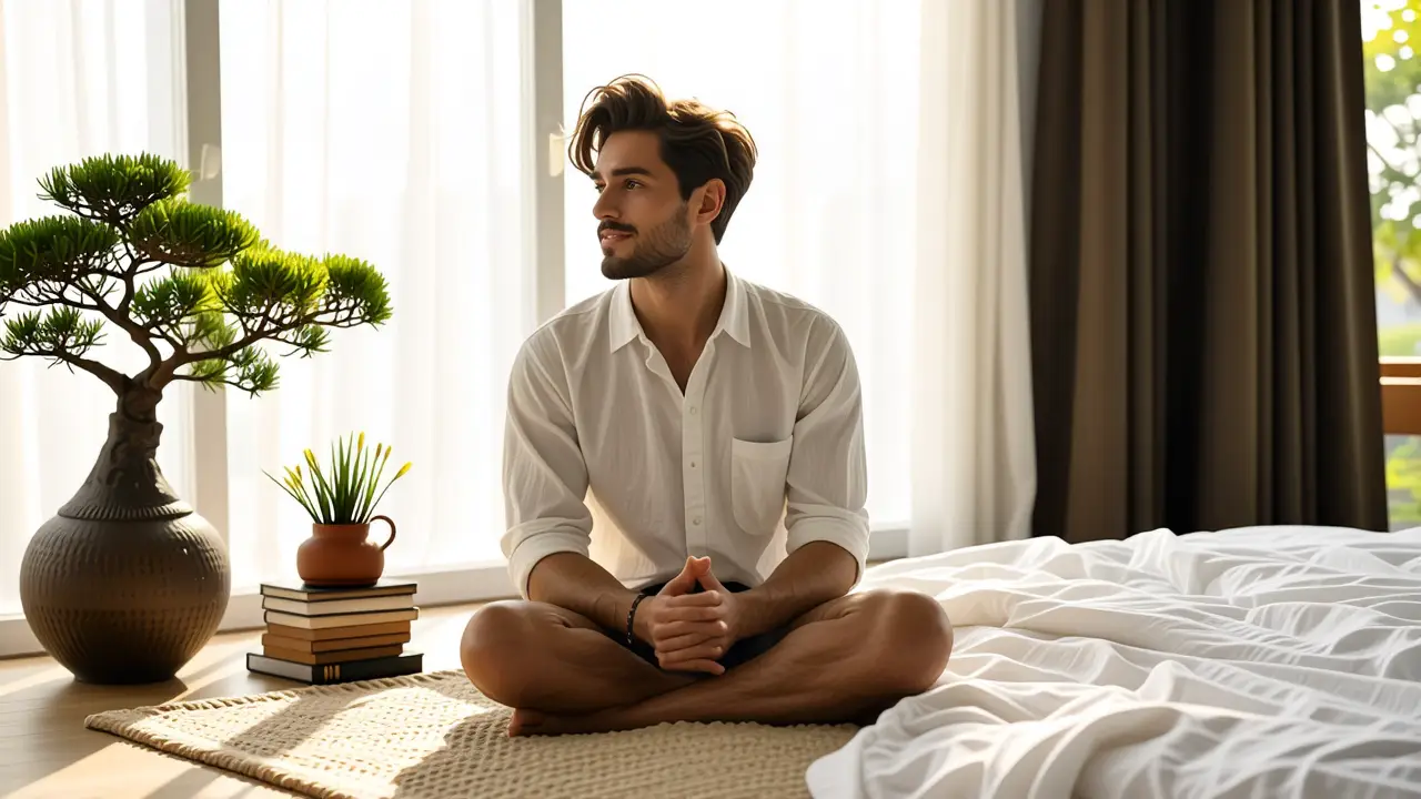 Feng Shui en Casa: Guía para un Hogar Armonioso 4 Un hombre tranquilo en un espacio minimalista y sereno