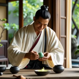 Feng Shui en Casa: Guía para un Hogar Armonioso 11 Un hombre contemplativo examina jade en un hogar tradicional