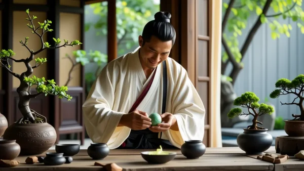 Un hombre contemplativo examina jade en un hogar tradicional