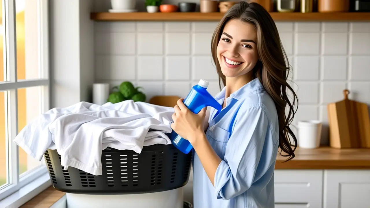 Elimina Manchas de Hollín: Solución Tide Eficaz 5 Mujer sonriente sostiene detergente en cocina