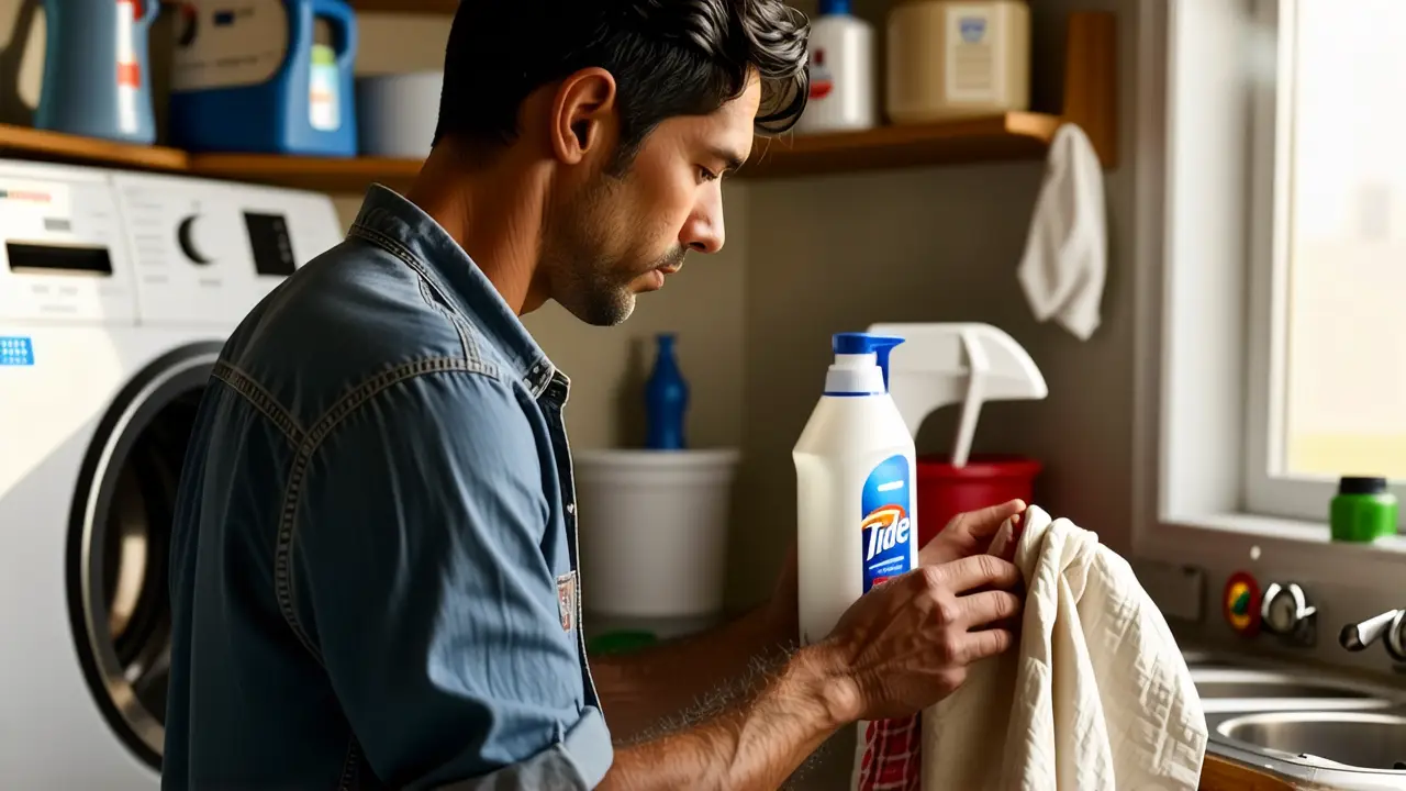 Elimina Manchas de Hollín: Solución Tide Eficaz 4 Un hombre pensativo limpia ropa en la luz cálida