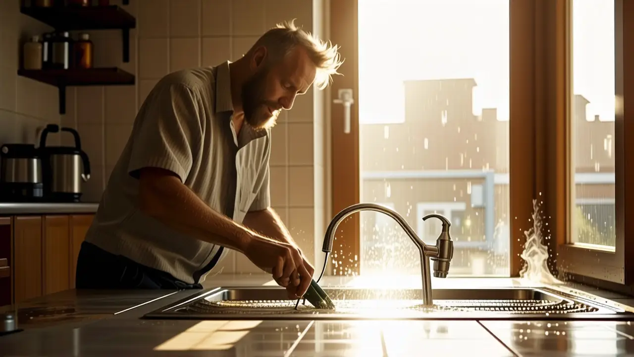 Hombre preocupado arregla una emergencia en casa