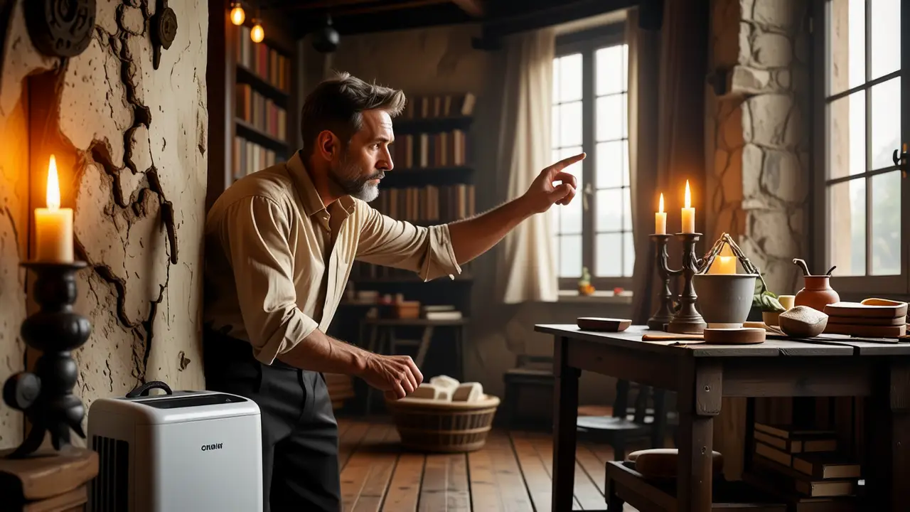 Como eliminar la humedad de una habitación 5 Un hombre examina una pared en la penumbra