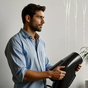 Un hombre pensativo arregla una pared húmeda