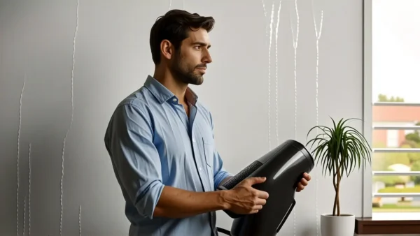 Como eliminar la humedad de una habitación 1 Un hombre pensativo arregla una pared húmeda