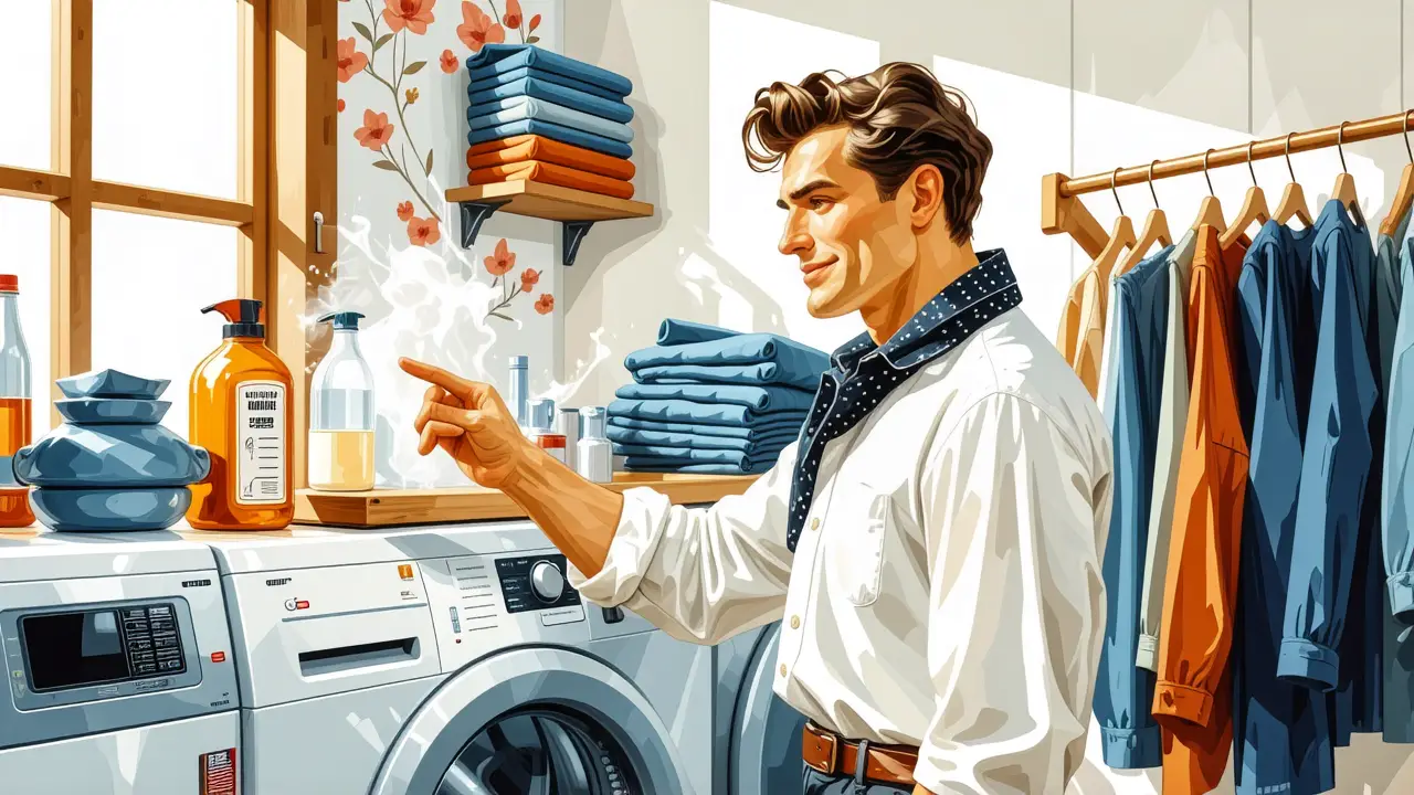 Un hombre contempla la ropa en una lavandería vintage