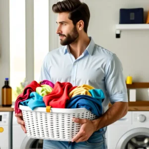 Hombre pensativo en lavandería con ropa colorida