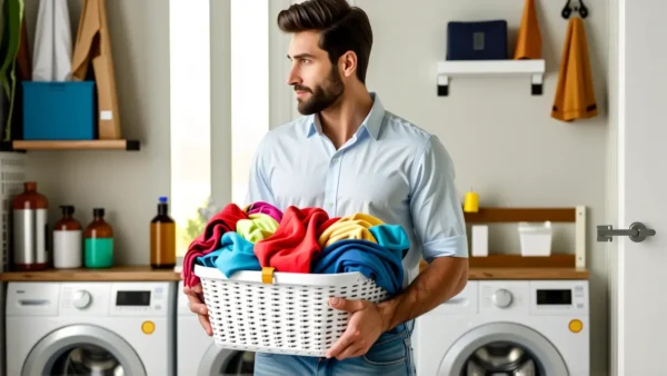 Hombre pensativo en lavandería con ropa colorida