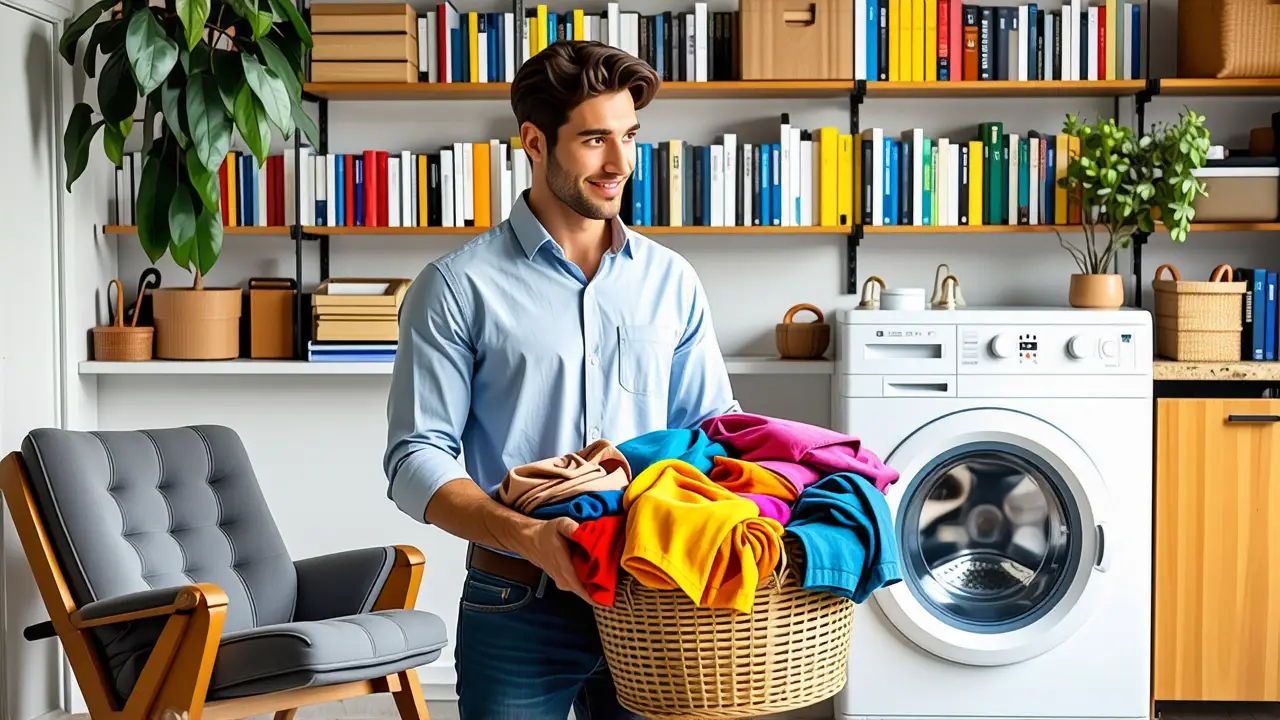 Un hombre moderno lava ropa con calidez