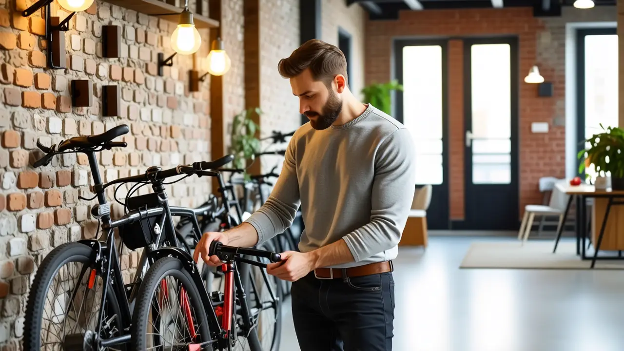 Ideas para colgar bicicletas: Almacenamiento compacto y seguro 6 Un hombre en Barcelona ajusta una bicicleta con calma