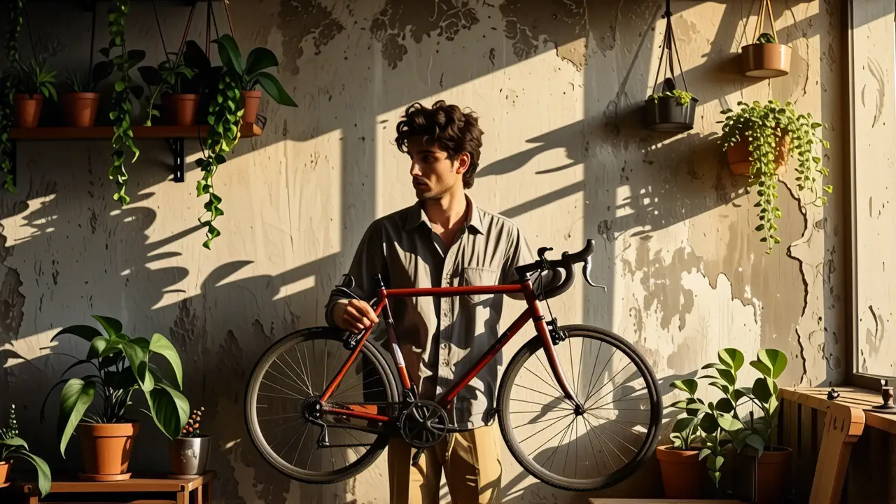 Ideas para colgar bicicletas: Almacenamiento compacto y seguro 4 Un hombre pensativo observa su bicicleta en un hogar minimalista