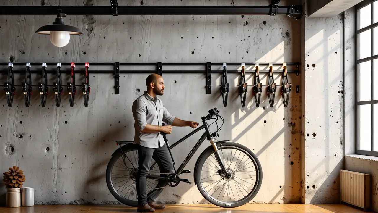 Ideas para colgar bicicletas: Almacenamiento compacto y seguro 2 Un hombre pensativo sostiene una bicicleta en loft industrial