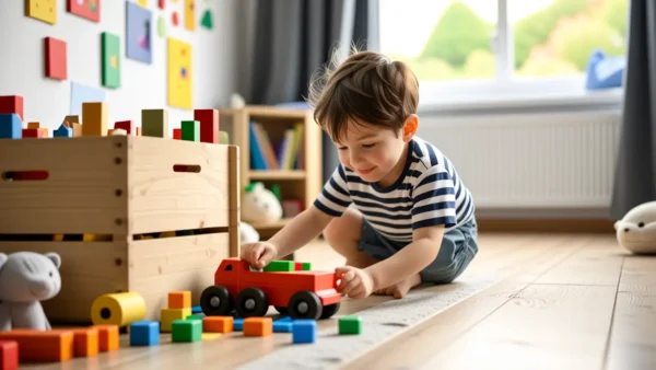 Un niño sonriente juega en su habitación