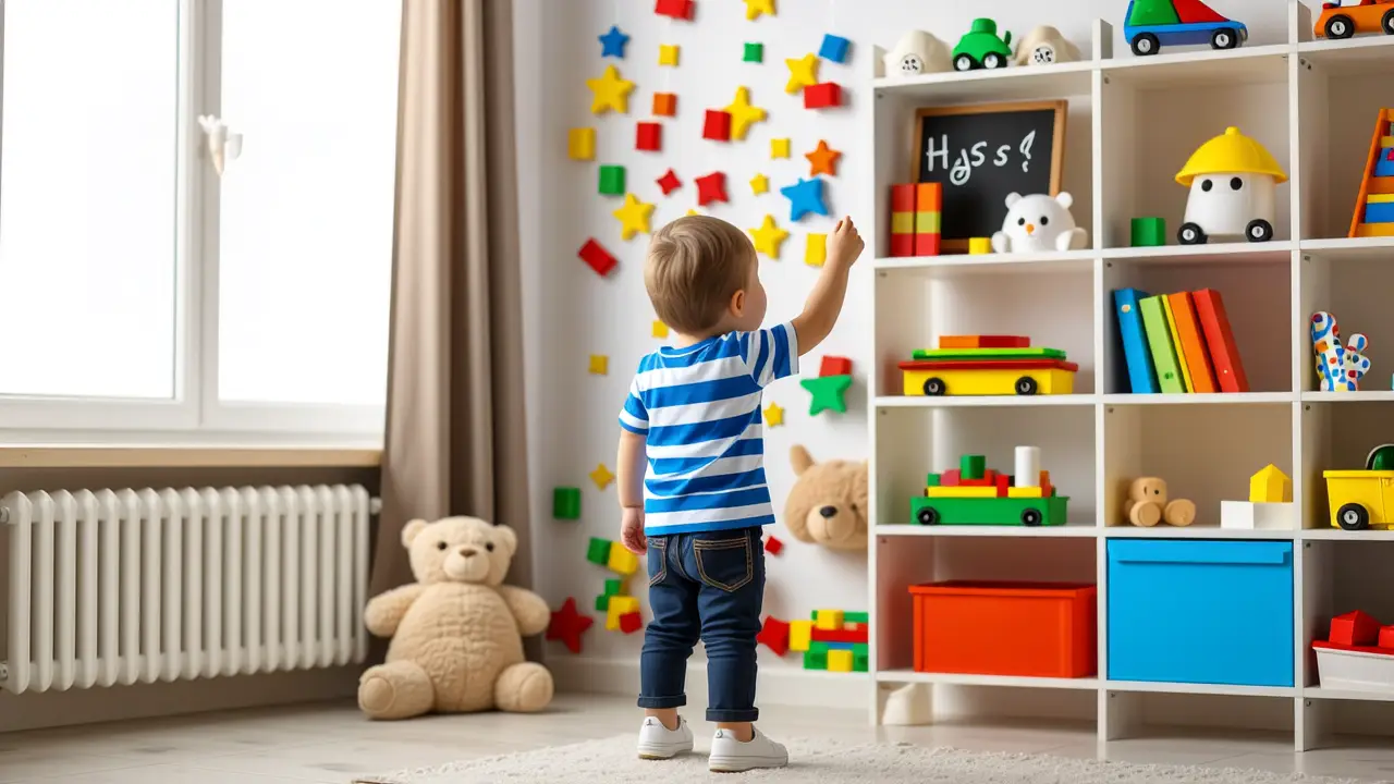 Ideas para guardar juguetes en poco espacio: guía completa 2 Un niño sonriente interactúa con su habitación minimalista