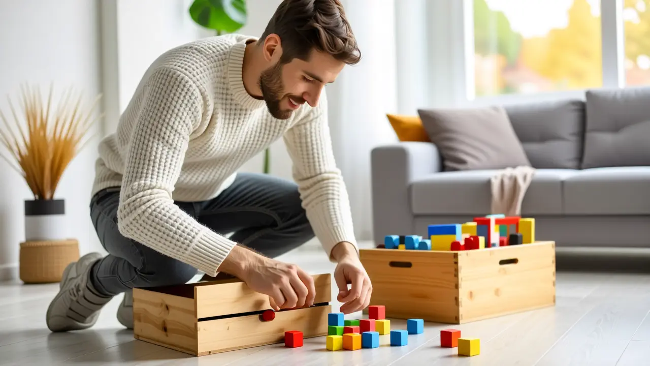Ideas para guardar juguetes en poco espacio: guía completa 3 Un hombre tranquilo ofrece un bloque rojo