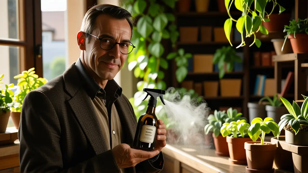 Insecticidas para polillas: Compra online fácil 3 Un hombre pensativo rocía con cuidado en la luz cálida