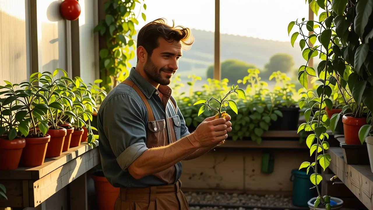 Invernadero Casero: Como Hacer un Invernadero Pequeño 5 Un hombre español examina tomate en su huerto
