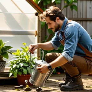 Un hombre construye un invernadero en el jardín