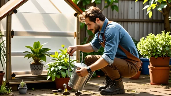 Un hombre construye un invernadero en el jardín