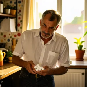 Detergente en Pastillas: Guía Completa & Consejos 13 Un hombre pensativo examina detergente en cocina vintage