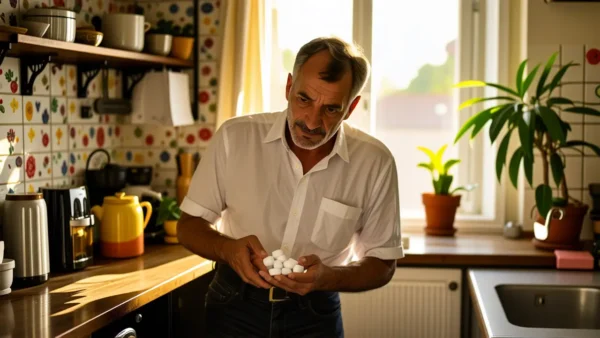 Un hombre pensativo examina detergente en cocina vintage