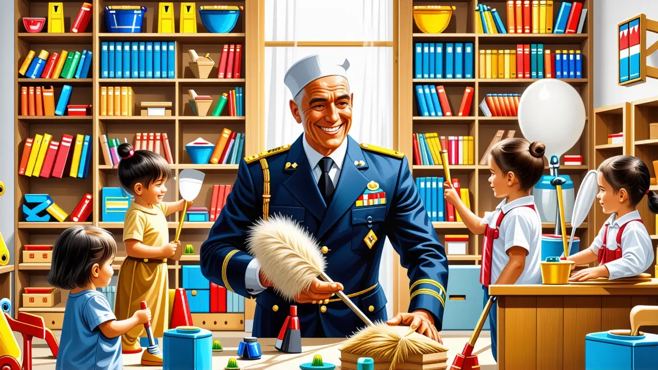Juegos de Limpieza en Casa: Divertidos para Niños 2 Un general sonriente limpia con niños felices