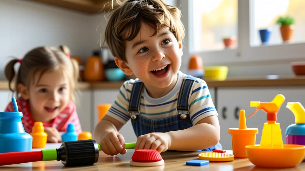 Juegos de Limpieza en Casa: Divertidos para Niños 5 Un niño riendo limpia con su hermana