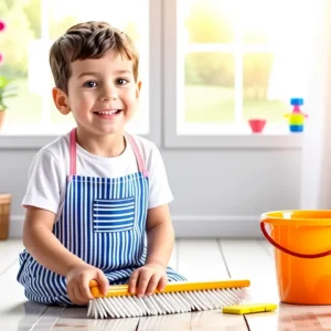 Un niño sonríe limpiando en un playroom