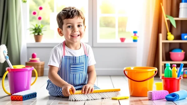 Juegos de Limpieza en Casa: Divertidos para Niños 1 Un niño sonríe limpiando en un playroom