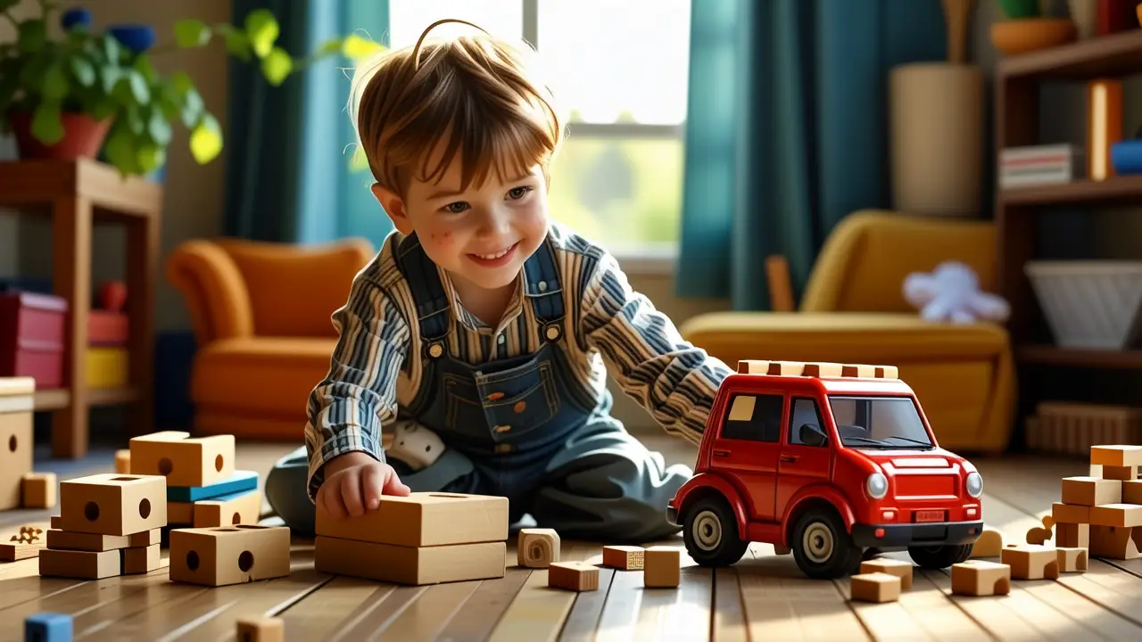 Juegos de Limpieza en Casa: Divertidos para Niños 3 Un niño feliz juega en un hogar acogedor