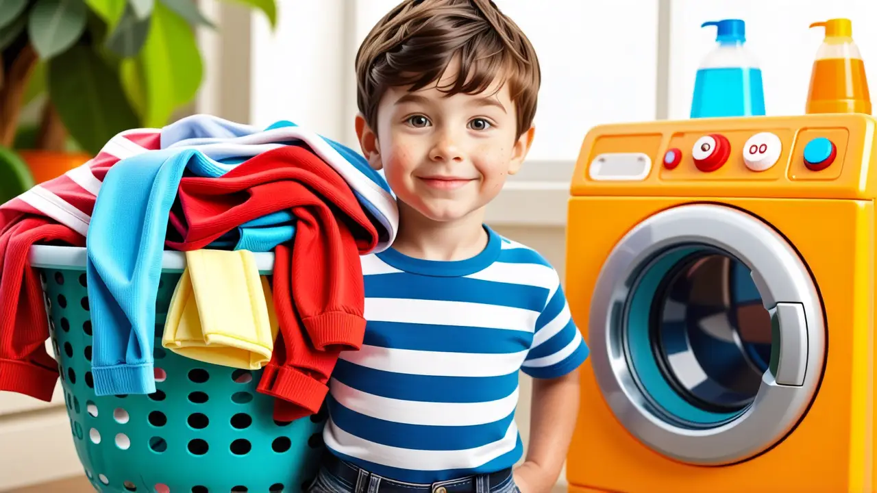 Juegos de Limpieza en Casa: Divertidos para Niños 4 Un niño sonriente juega con ropa