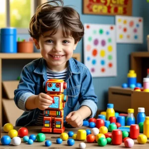 Juguetes Reciclados Fáciles: Ideas Creativas 11 Un niño construye con creatividad en un espacio cálido y colorido