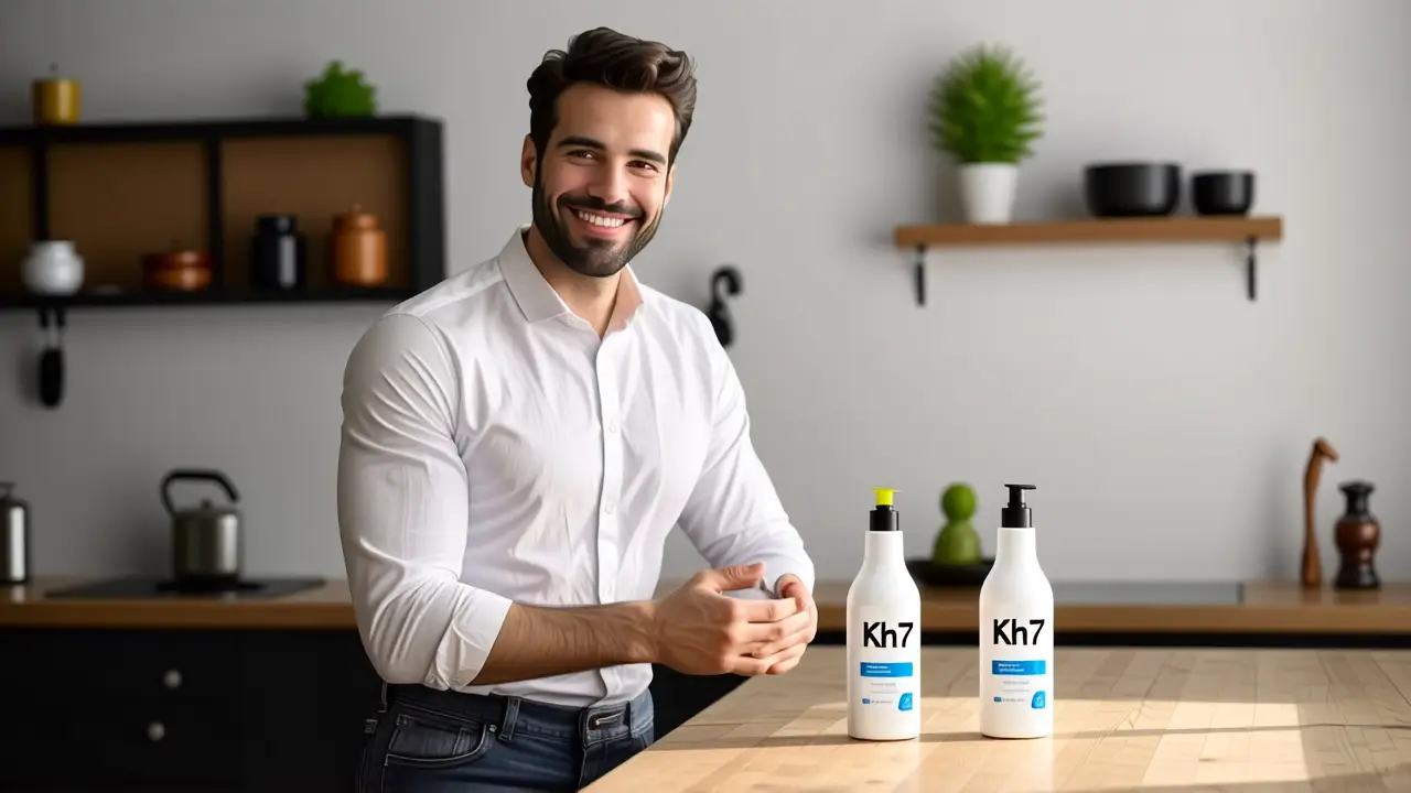 Hombre sonriente con solución en cocina