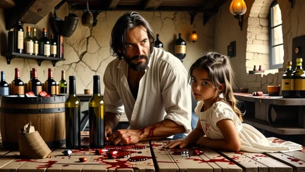 Un hombre melancólico sostiene botellas en la penumbra