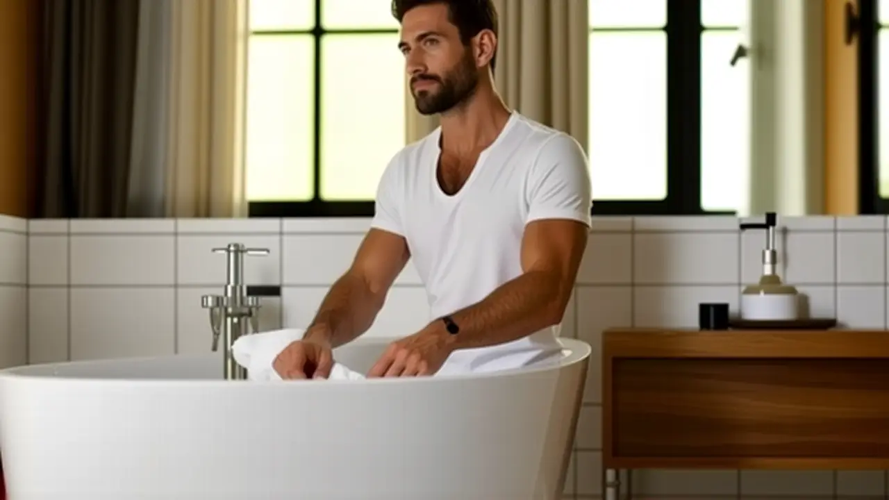 Como limpiar la banera: guía completa y fácil 3 Un hombre pensativo limpia una bañera reluciente