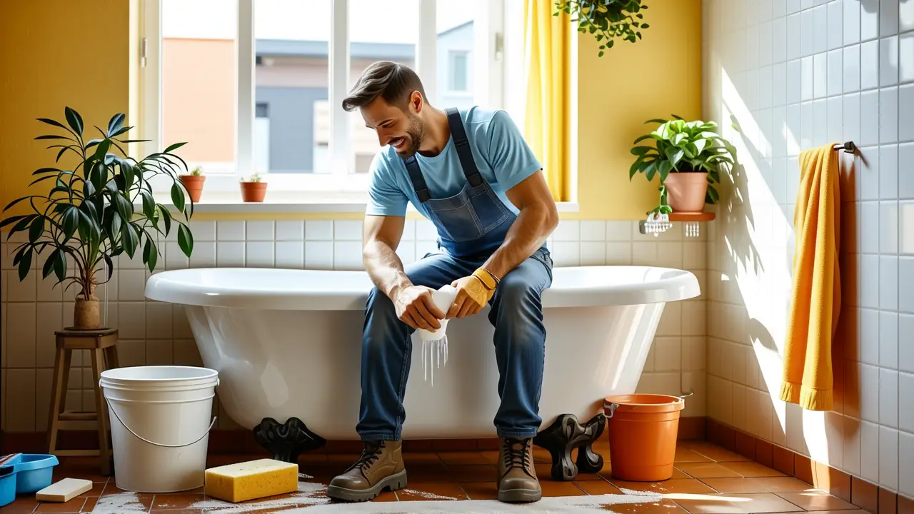 Como limpiar la banera: guía completa y fácil 2 Un hombre español limpia una bañera serena