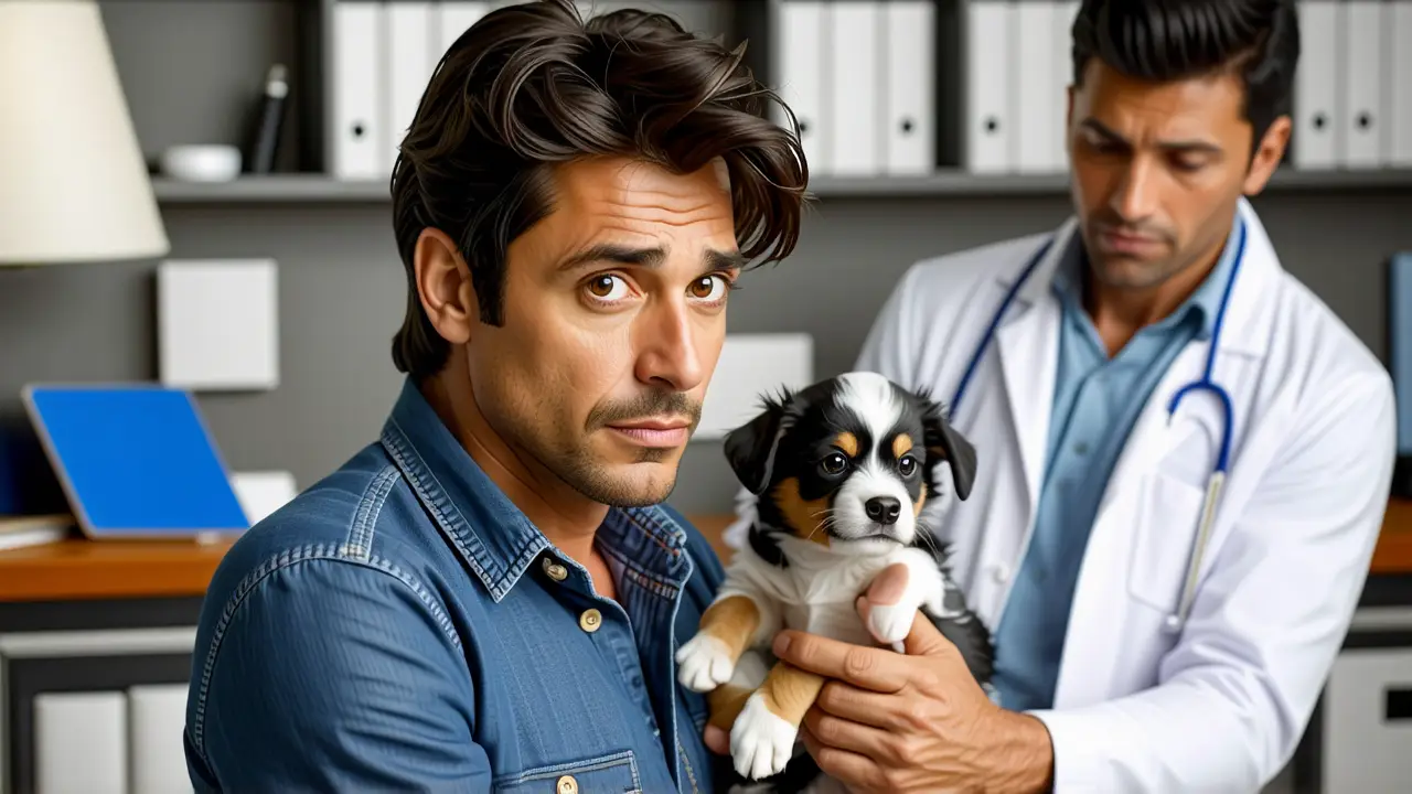 Parvo: Tratamiento, Síntomas y Prevención del Parvovirus en Perros 2 Un hombre preocupado sostiene a un cachorro enfermo