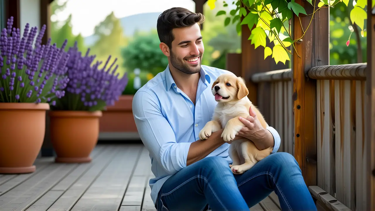 Parvo: Tratamiento, Síntomas y Prevención del Parvovirus en Perros 3 Un hombre sonríe con su cachorro en la luz cálida