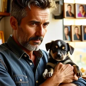 Un hombre amable sostiene un cachorro en luz cálida