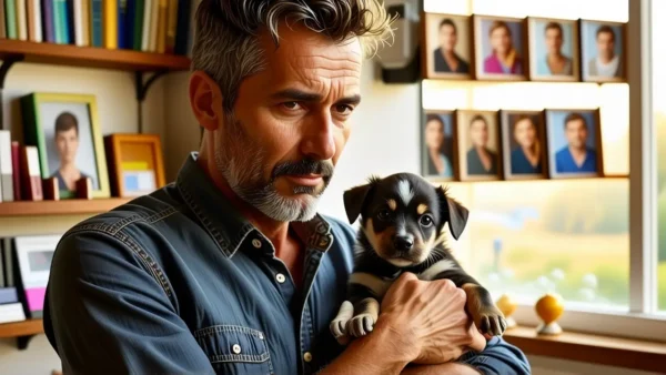 Un hombre amable sostiene un cachorro en luz cálida
