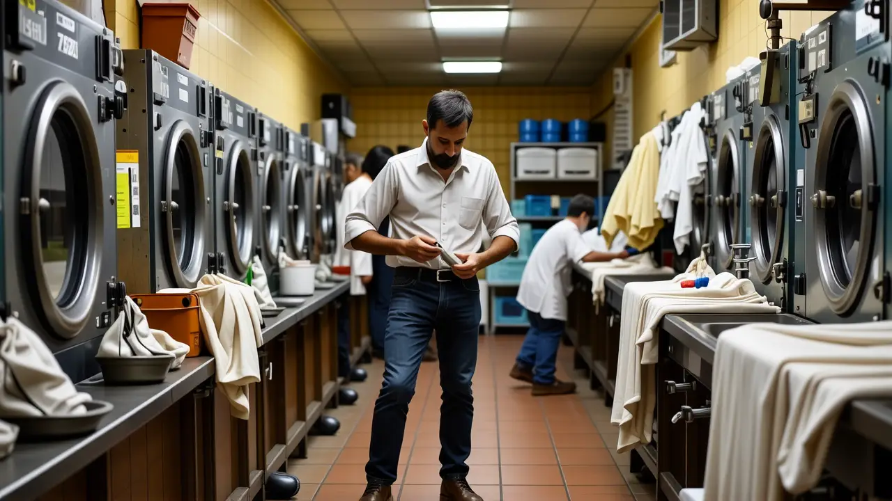 Un hombre examina tela en tintorería española