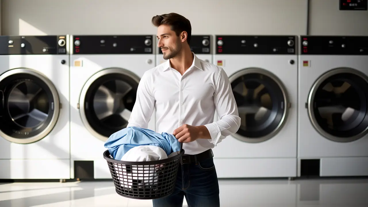 Un hombre pensativo lava ropa en lavandería