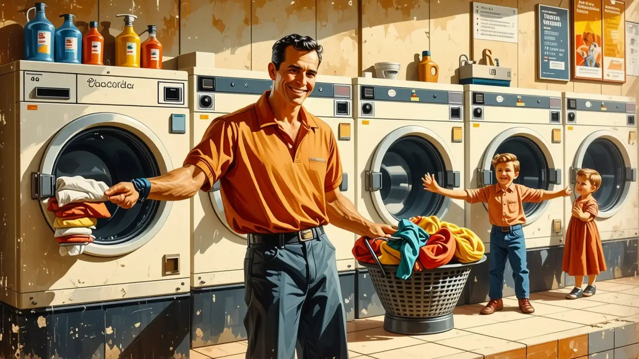 Un hombre ofrece descuento en un lavadero vintage