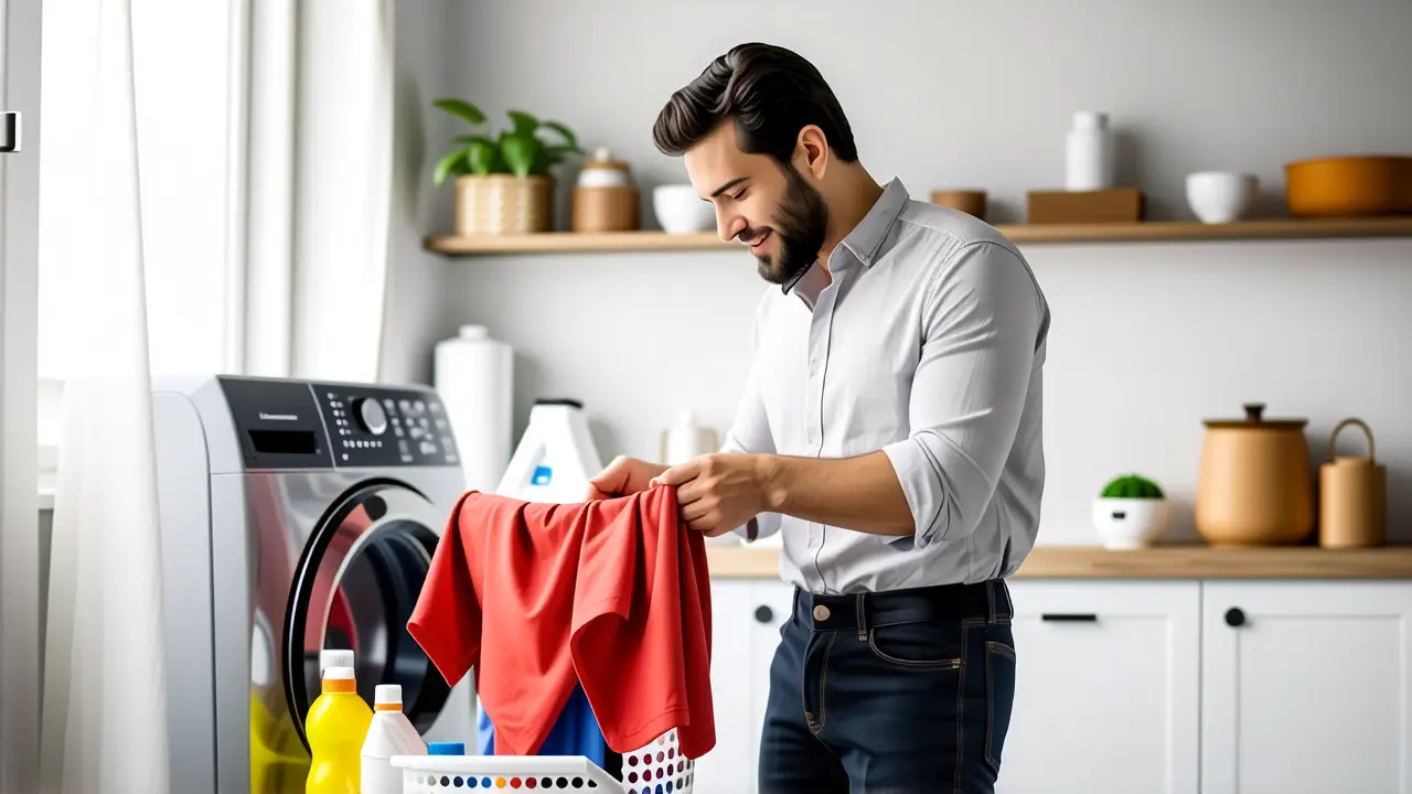Un hombre español sonriente carga ropa en cocina