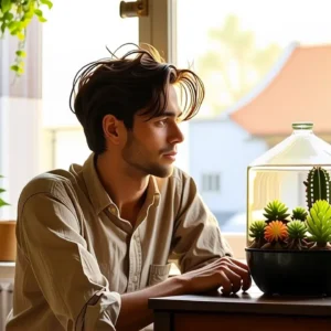 Un hombre pensativo observa un terrario soleado